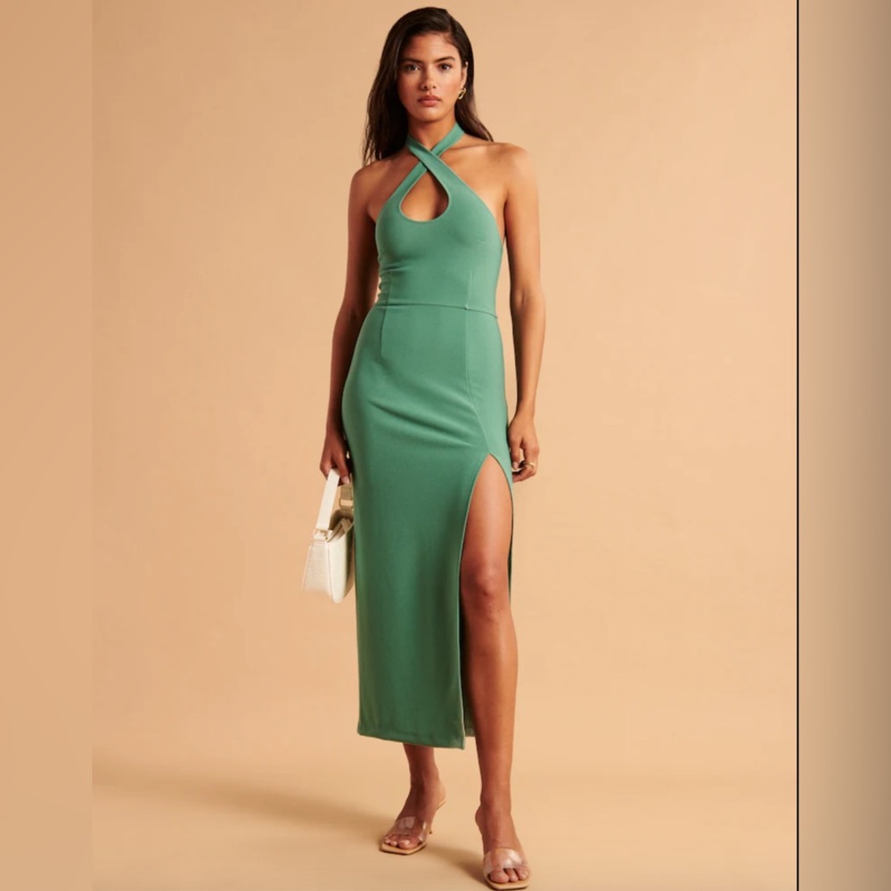 Abercrombie Green Keyhole Halter Dress with Slit and Stretch S